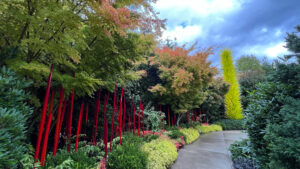 Works of glass art in the garden at Chihuly Garden and Glass (Seattle, WA)