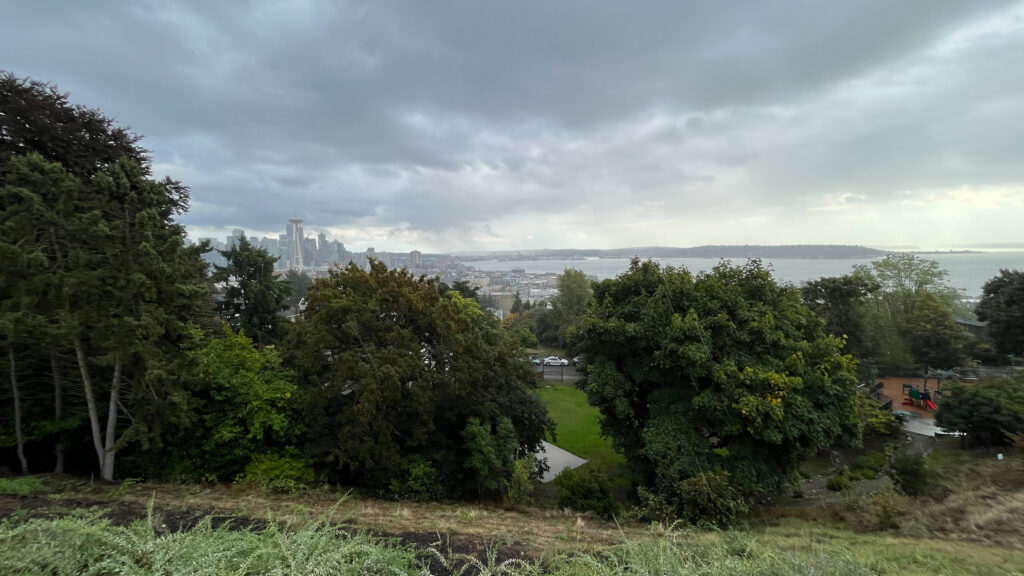 This view from Kerry Park shows downtown Seattle with the Space Needle left of center and Elliot Bay and Puget Sound (Seattle, WA)