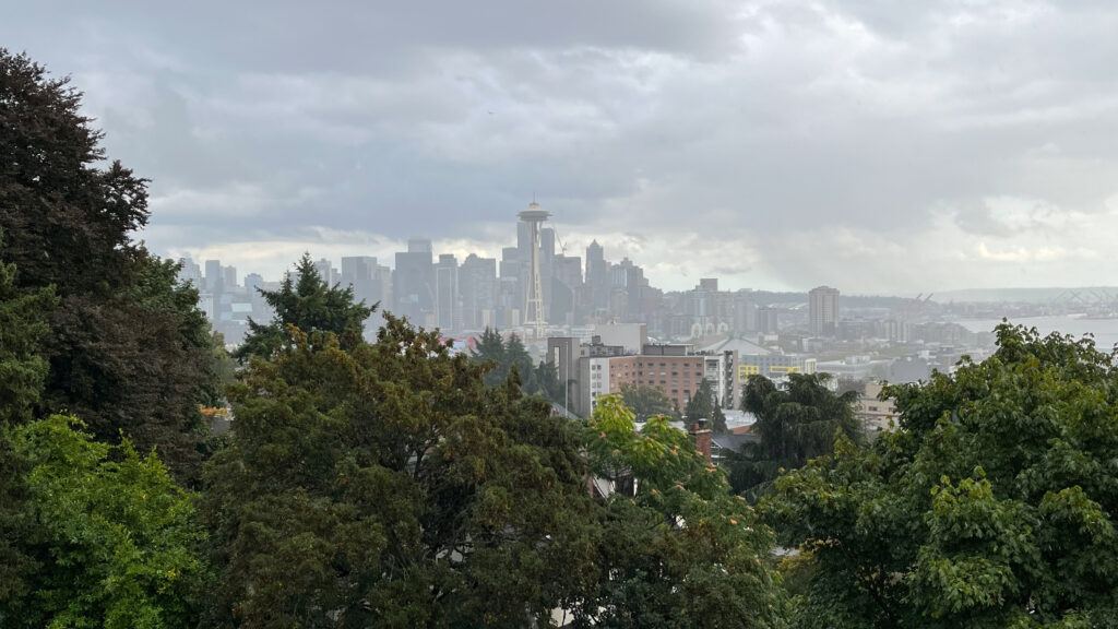 This view from Kerry Park shows the Space Needle towering over downtown Seattle and a glimpse of Elliot Bay (Seattle, WA)