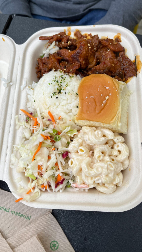 Spicy Pork with White Rice, Mac Salad, Signature Slaw and a Hawaiian Roll from Marination Hawaiian-Korean cuisine in downtown Seattle, WA