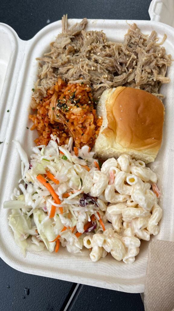 Kalua Pork with Kimchi Fried Rice, Mac Salad, Signature Slaw and a Hawaiian Roll from Marination Hawaiian-Korean cuisine in downtown Seattle, WA