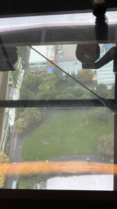 The 500 feet high observation level, looking down through the revolving glass floor (Space Needle, Seattle, WA)