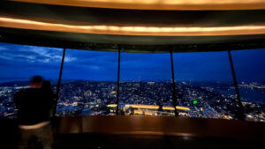 View of the Space Needle Observation level and Seattle in the evening (Seattle, WA)