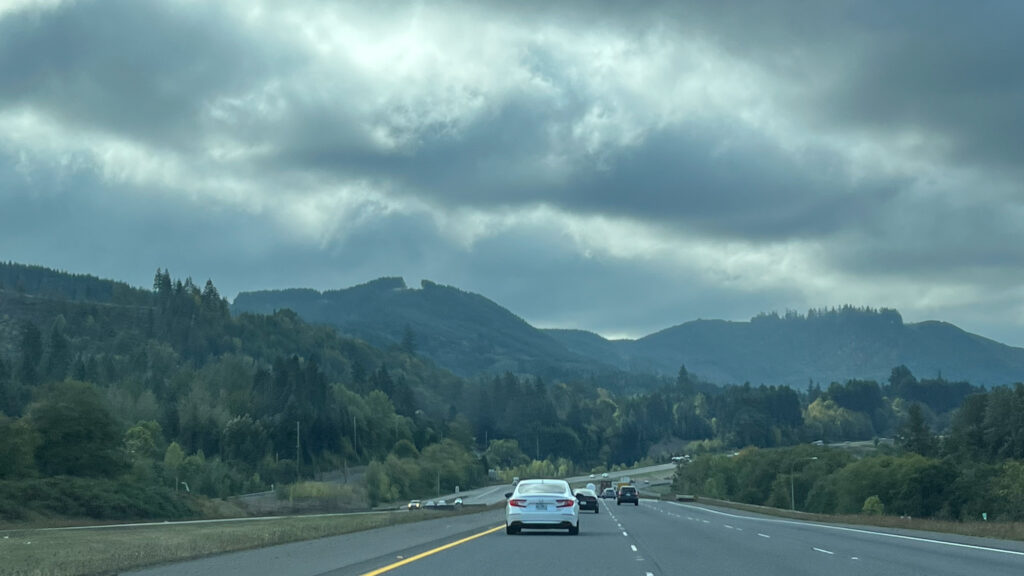 Driving on the 5 in Castle Rock, WA on our drive from Seattle, WA to Crescent City, CA