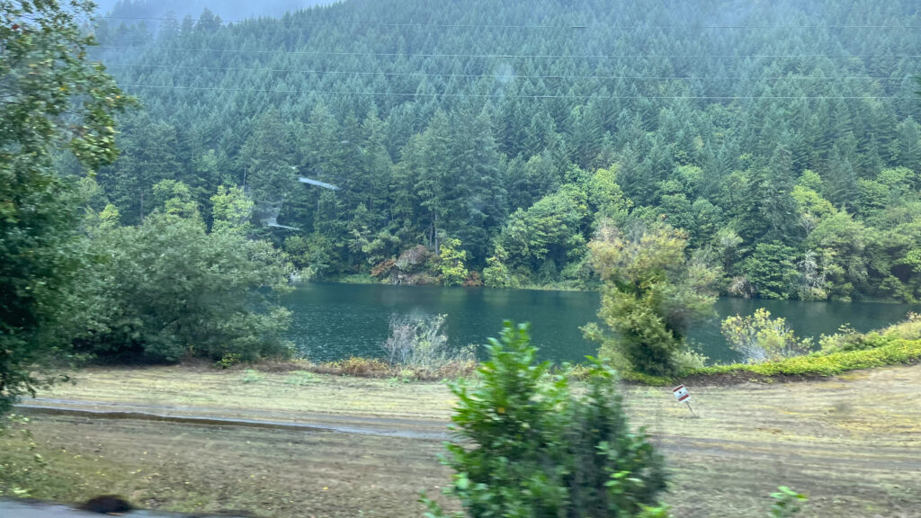 Driving west along the Umpqua River toward the coast of Oregon