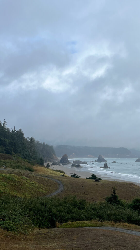 A scenic overlook in Port Orford, OR with a view of the Oregon Coastline and the North Pacific Ocean