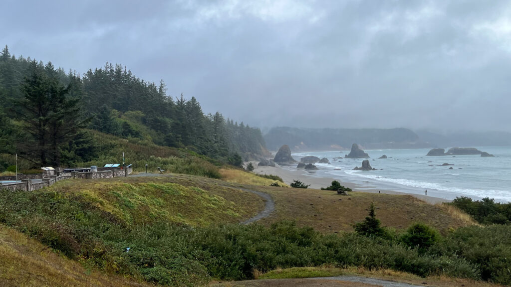 A scenic overlook in Port Orford, OR with a view of the Oregon Coastline and the North Pacific Ocean