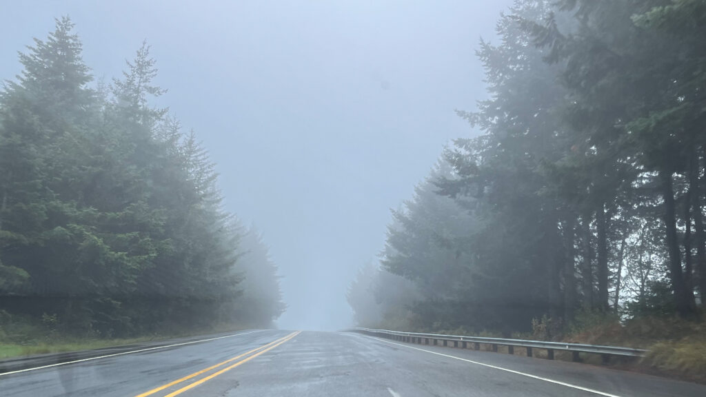 Away from the coastal views again, but still pleasant views (U.S. Route 101 in Oregon)