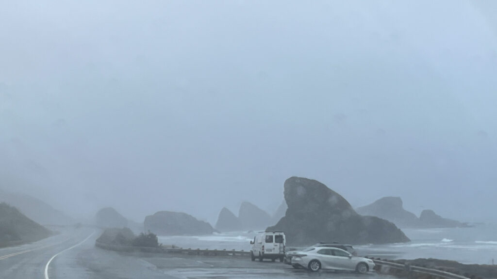 The parking area for the lookout for Meyers Beach (we pulled over for a quick photo but didn’t park here, we parked about a minute drive up the road) (U.S. Route 101 in Oregon)