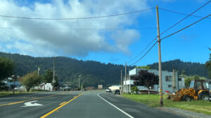 Driving through the small town of Orick on Highway 101 during our drive from the Newton B. Drury Scenic Parkway to Avenue of the Giants (Redwood Forest, CA)