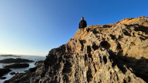 That’s the rock we climbed that has great views (Glass Beach, Fort Bragg, CA)