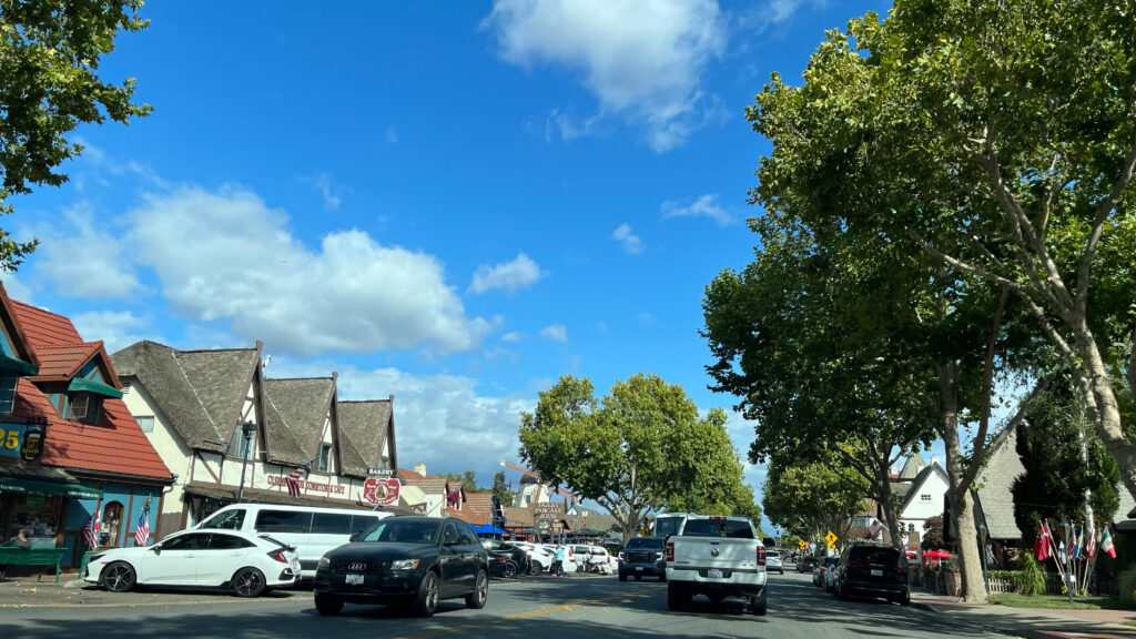 Driving through downtown Solvang, CA to park our car