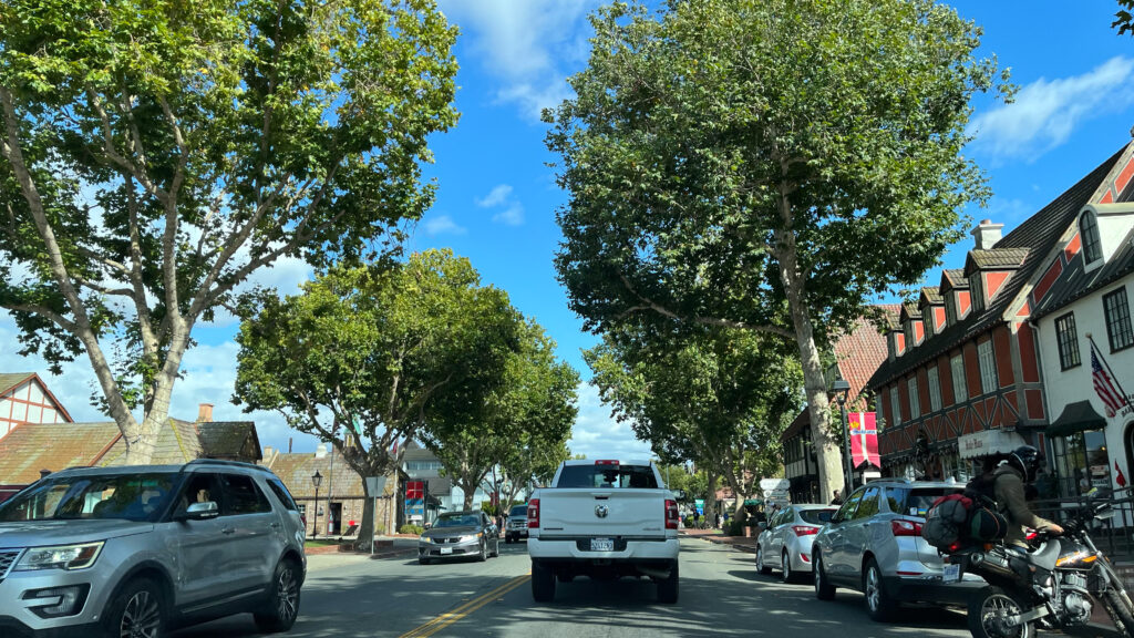 Driving through downtown Solvang, CA to park our car