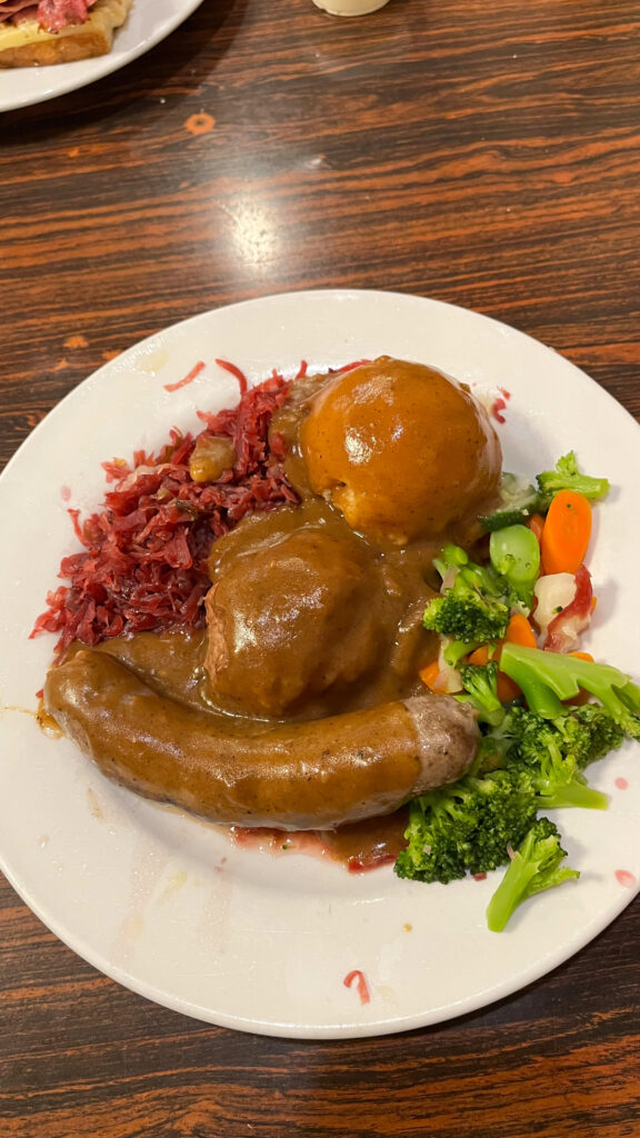 The combination plate with Danish style meatball and Danish style sausage with Danish style red cabbage and potatoes and vegetables were not that good (Solvang Restaurant in Solvang, CA)