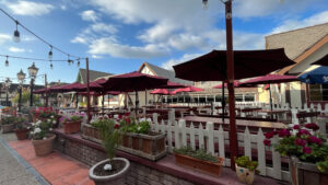 Outside seating area for a Danish restaurant in Solvang, CA