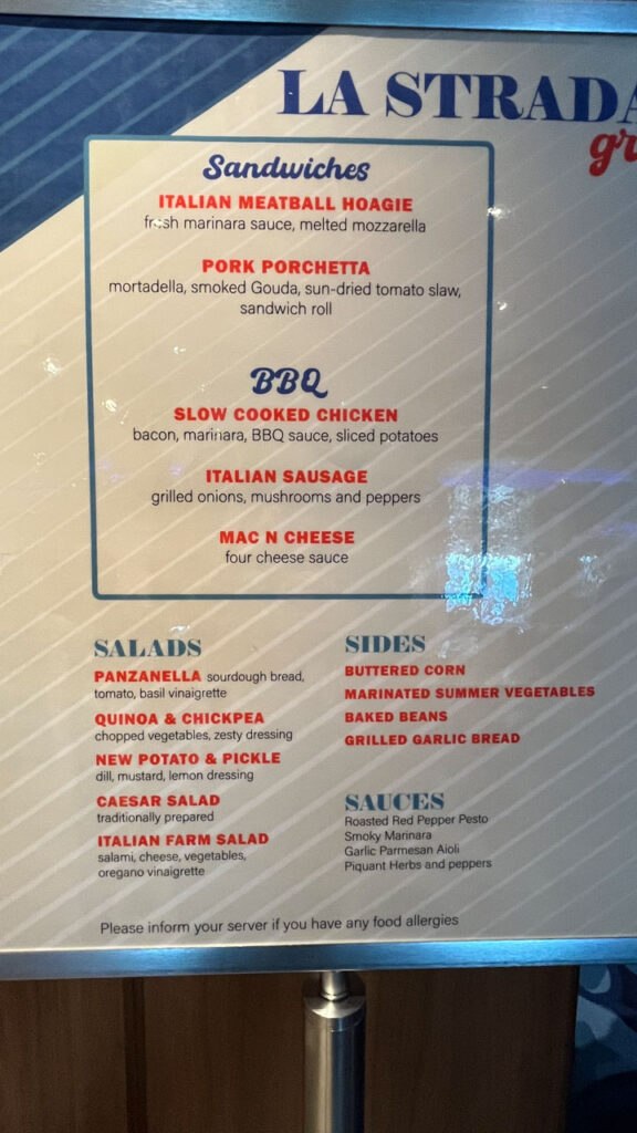 La Strada Grill Menu - Carnival Venezia Promenade Deck midship (deck 5)