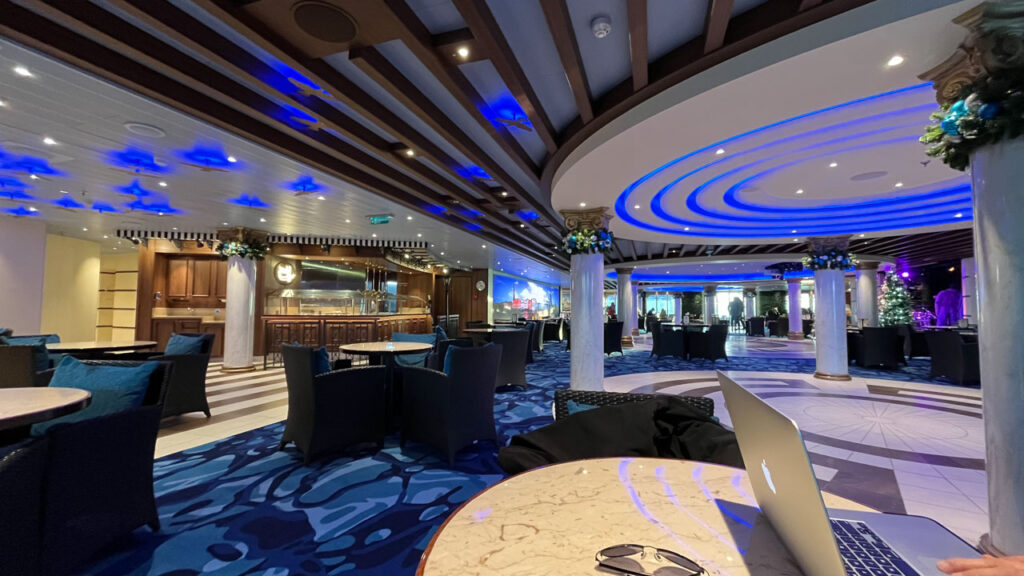 Carnival Venezia area where La Strada Grill lunch buffet eating area is located indoors - Promenade Deck midship (deck 5)