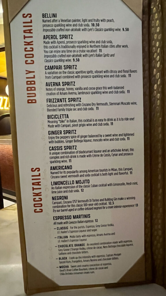 Frizzante Bar Menu on Carnival Venezia