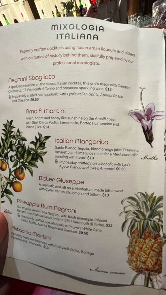 Amari menu on the Carnival Venezia