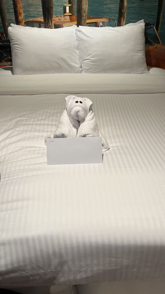 Towel animal on our bed in our interior stateroom on the Carnival Venezia