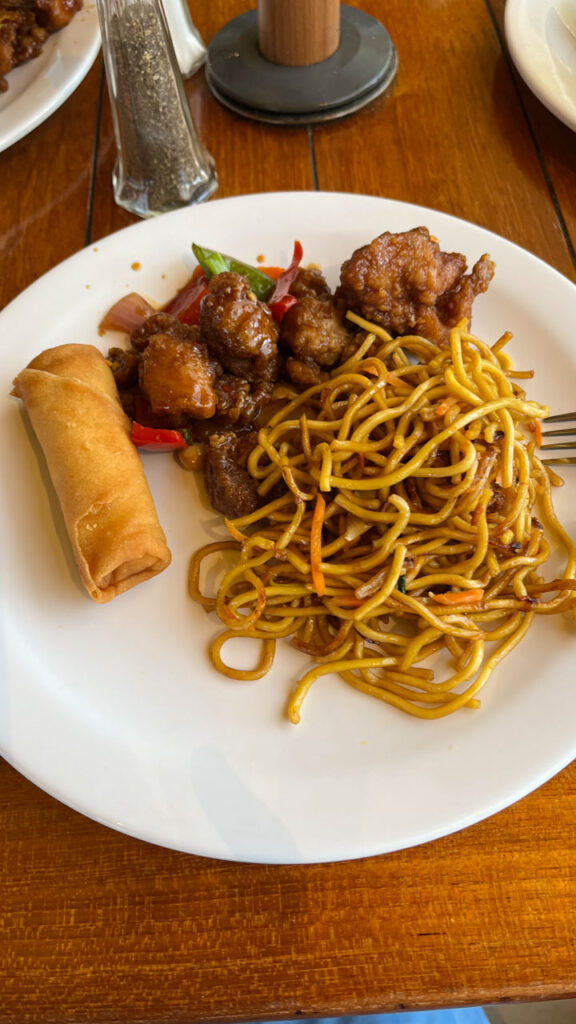 Yummy food from the included Chinese lunch buffet at Seafood Shack on the Carnival Venezia. Shown is Honey Chili Beef, Lo Mein and a Vegetable Spring Roll