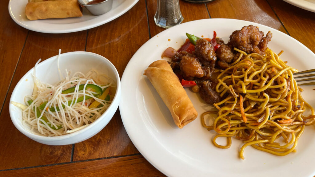 Yummy food from the included Chinese lunch buffet at Seafood Shack on the Carnival Venezia. Shown is Honey Chili Beef, Lo Mein and a Vegetable Spring Roll and Sesame Ginger Noodle Salad on the side