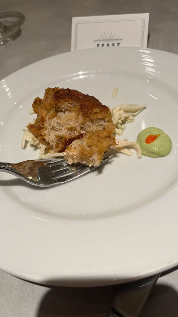 Crab Cake in the Main Dining room at dinner time on the Carnival Venezia