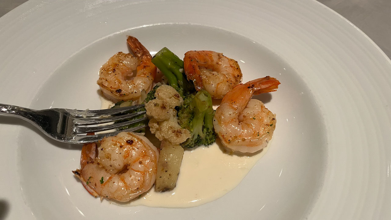 Grilled Jumbo Shrimp in the Main Dining room at dinner time on the Carnival Venezia