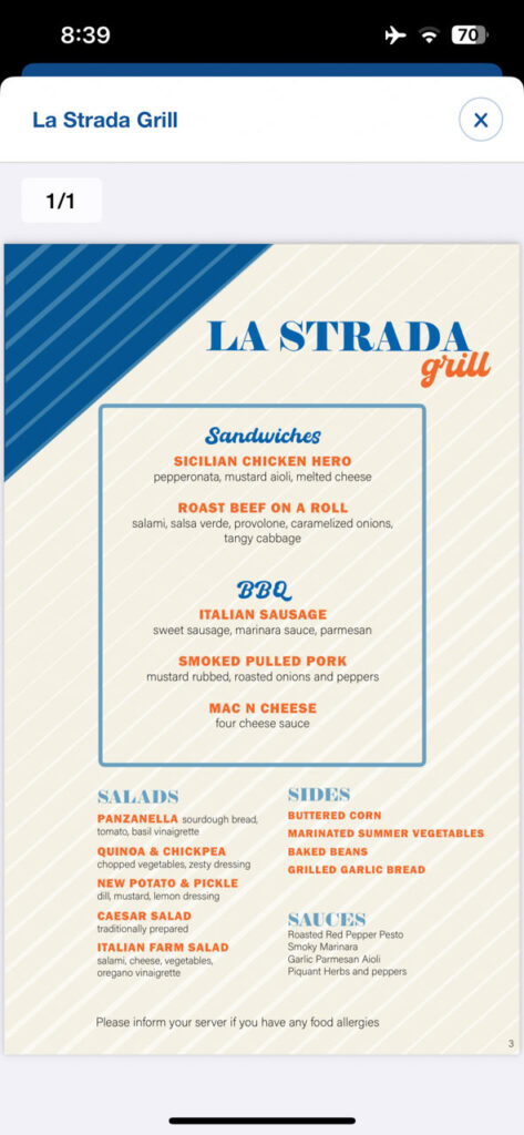 Lunch Menu for the Second Sea Day at La Strada Grill on the Carnival Venezia