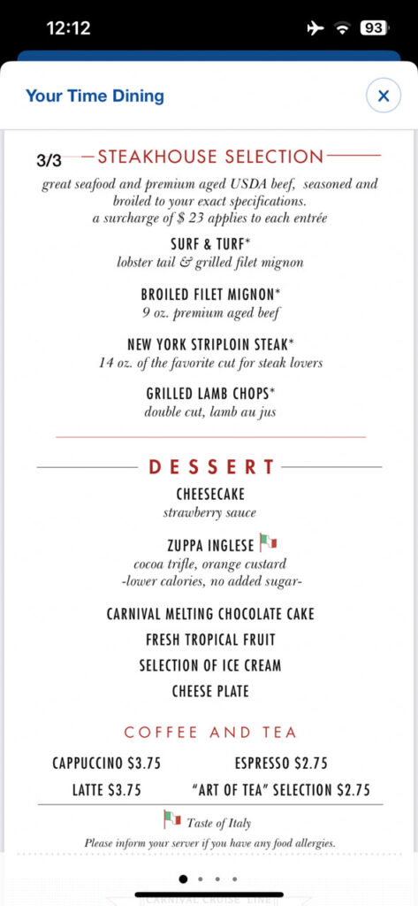 Menu from the app showing the desserts for dinner in the Main Dining Room on the Carnival Venezia for night 3 of our 10 night cruise