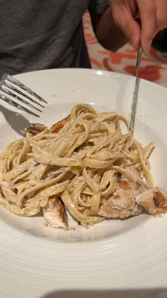 Fettuccine with Mushrooms and Chicken at the Pasta Bella Lunch on the Carnival Venezia in the Marco Polo Dining Room