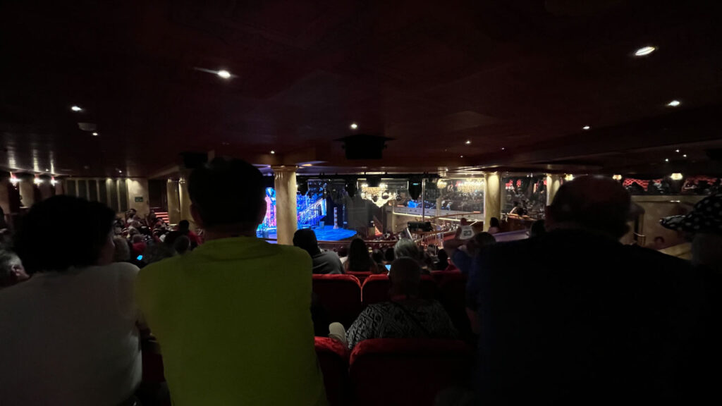 A column blocking part of our view of the stage at Teatro Rosso (the Main Theater) on the Carnival Venezia