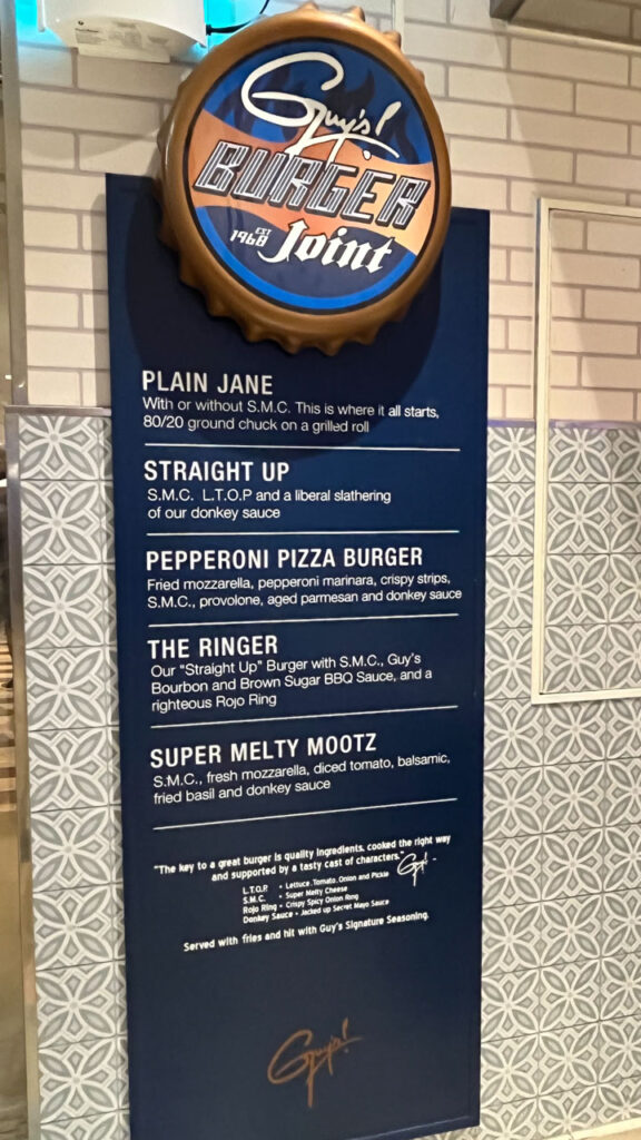 Guy's Burger menu on Carnival Venezia