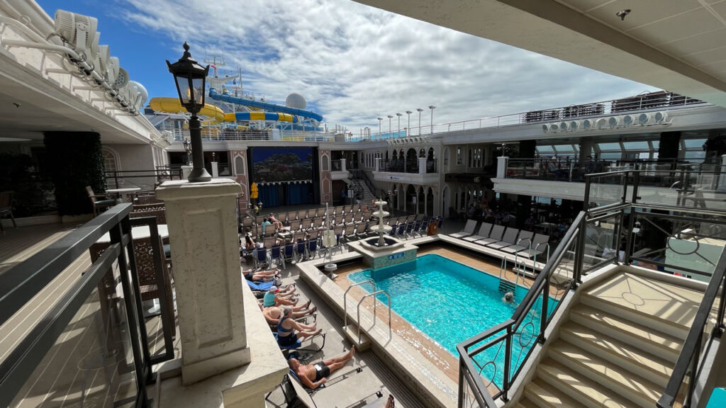 People relaxing near the Lido deck pool as we were about to dock in Grand Turk on the Carnival Venezia