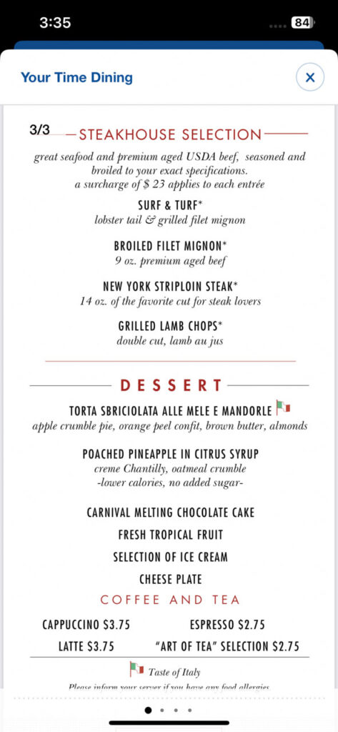 Main Dining Room Dinner Menu on the Carnival Hub App showing the desserts for the fifth night of our ten night cruise on the Carnival Venezia