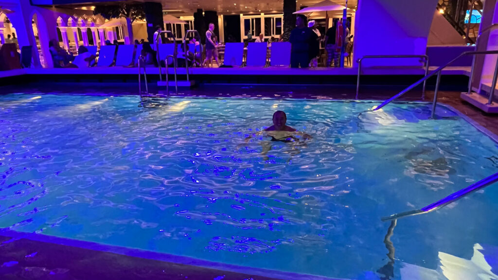 My husband went for a dip in the Lido Pool before we got ready for dinner (He took a shower in one of the showers on the Lido deck before getting in the pool)