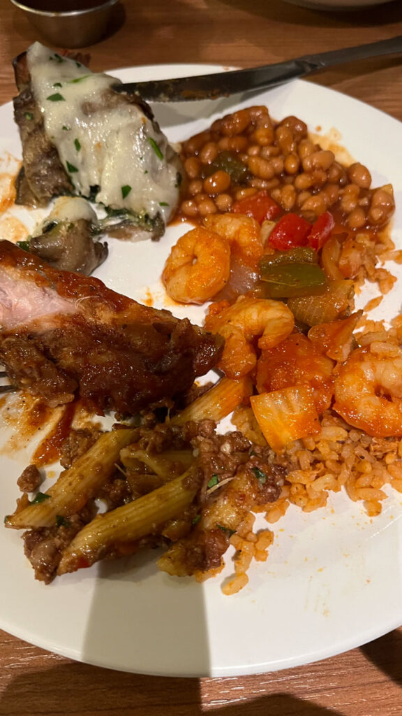 My selection of food from the Lido Marketplace dinner buffet on the Carnival Venezia - the Penne Bolognese was much better than I expected it would be