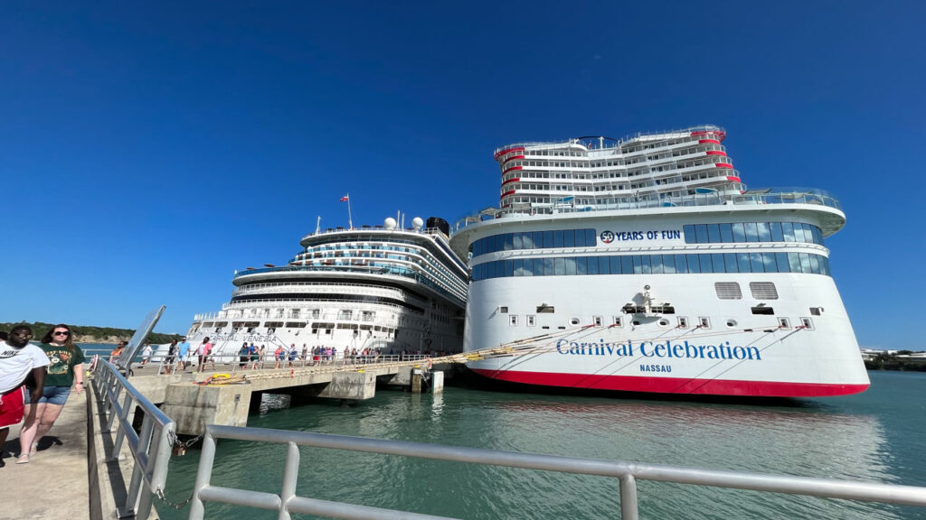 Carnival Venezia and Carnival Celebration docked next to each other at Amber Cove, Dominican Republic