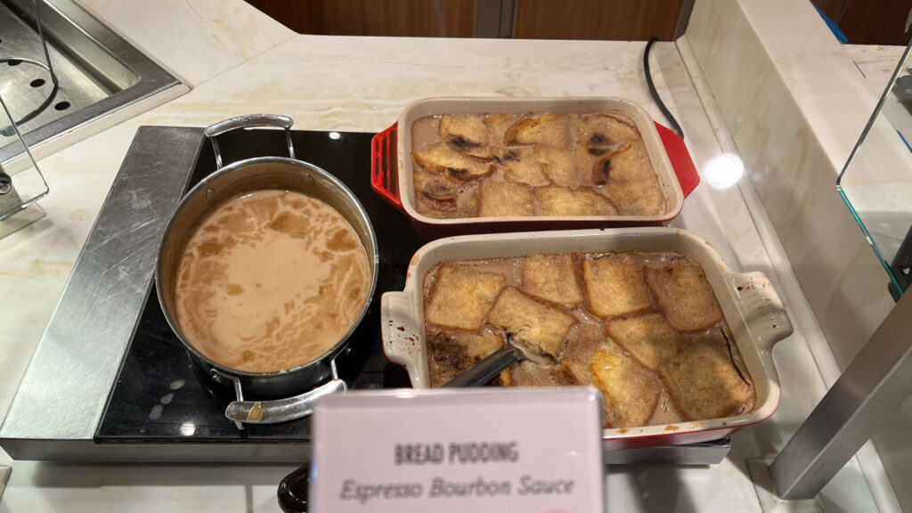 Bread Pudding with Espresso Bourbon Sauce at the Sweet Spot at the Lido Marketplace dinner buffet on the Carnival Venezia