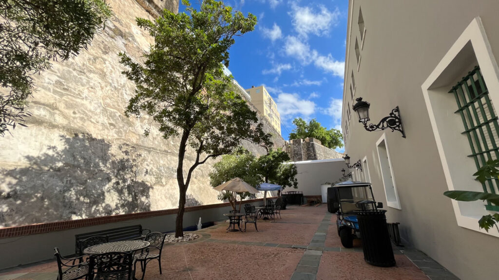 The back patio of the Puerto Rico Tourism Company on Paseo de la Princesa in San Juan, Puerto Rico leads to an old, small prison that you can tour for free