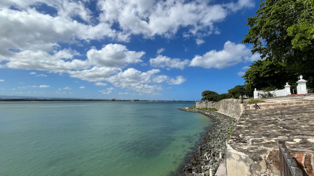 Looking down at the walkway that's between San Juan Bay and the city wall in San Juan, Puerto Rico