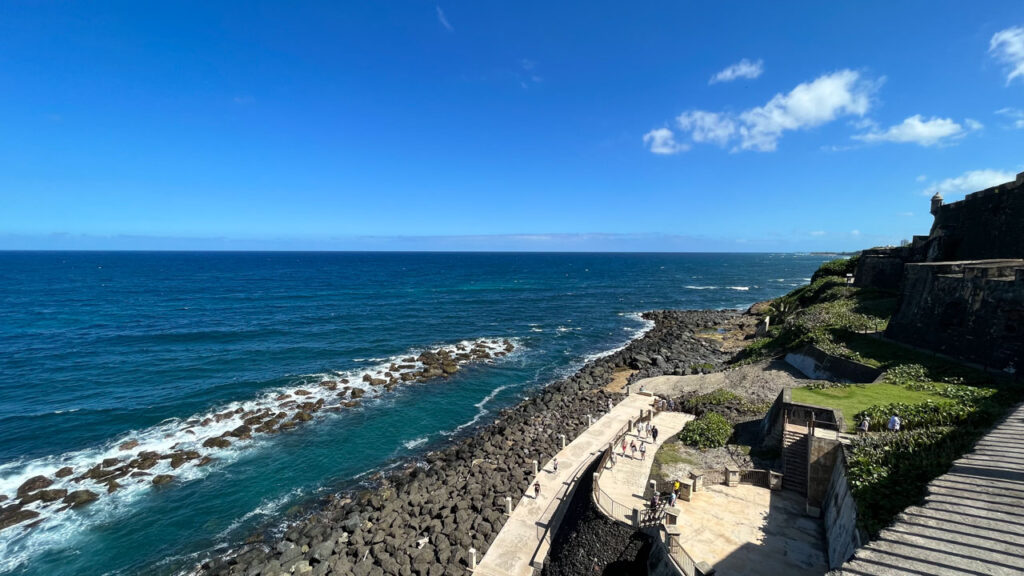 From here you can see the walkway that goes along the water and around Castillo San Felipe del Morro in San Juan, Puerto Rico