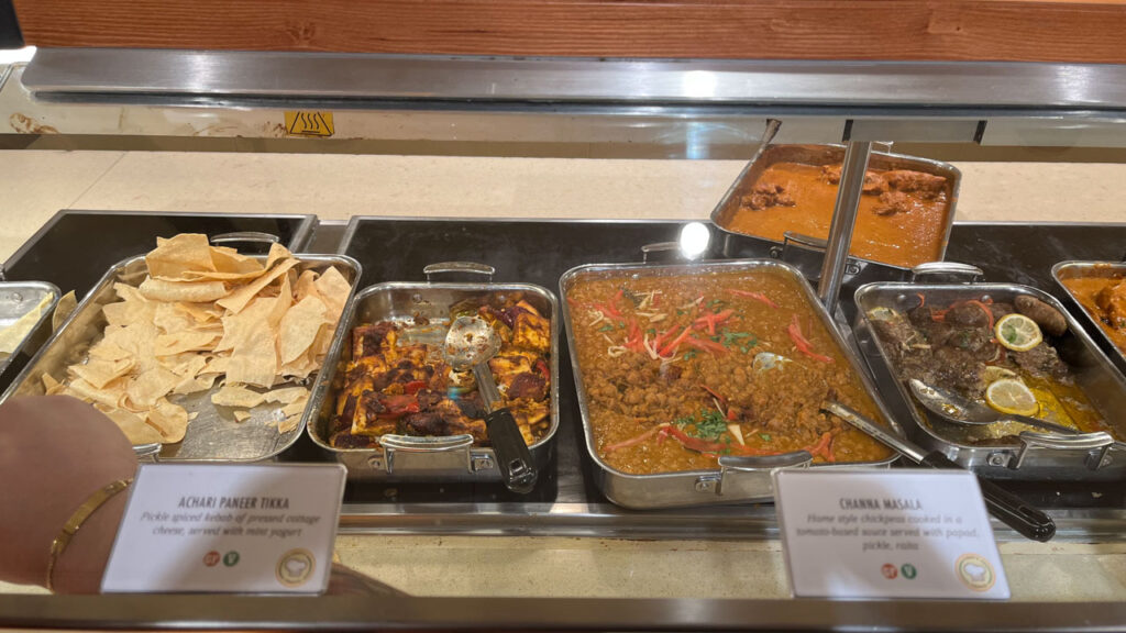 Some of the items offered that day at Chef's Choice Indian theme at the Lido Marketplace lunch buffet (Carnival Venezia)