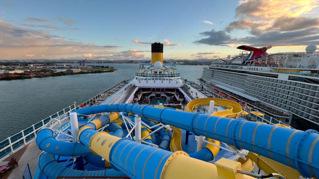 This photo was taken from the area where you get on the slides, and from there I could see over the Carnival Celebration.  (View from the Carnival Venezia)