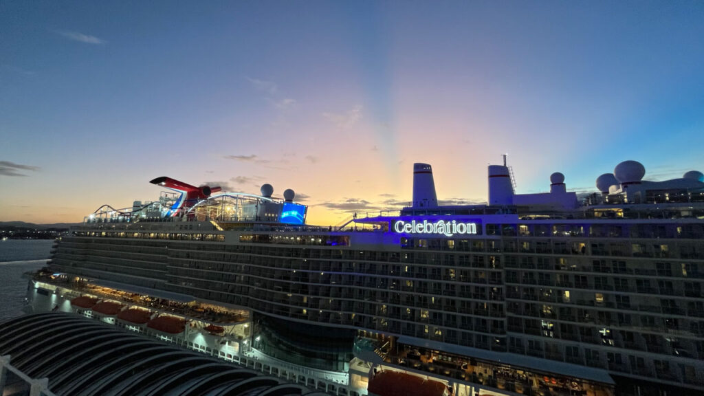 View of the Carnival Celebration from the Carnival Venezia at sunset in San, Juan Puerto Rico as we on the Carnival Venezia were about to sail away