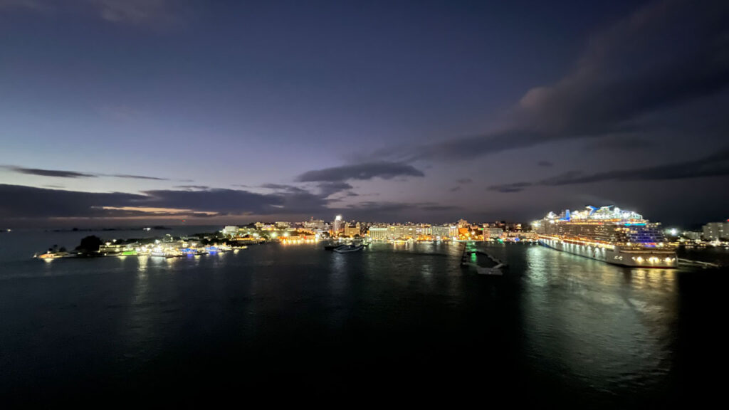 View of the Carnival Celebration and San Juan, Puerto Rico from the Carnival Venezia at sunset as we on the Carnival Venezia were sailing away.