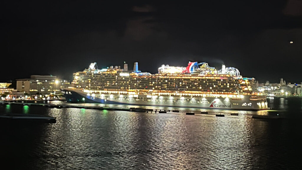 View of the Carnival Celebration from the Carnival Venezia at sunset in San Juan, Puerto Rico as we on the Carnival Venezia were sailing away.