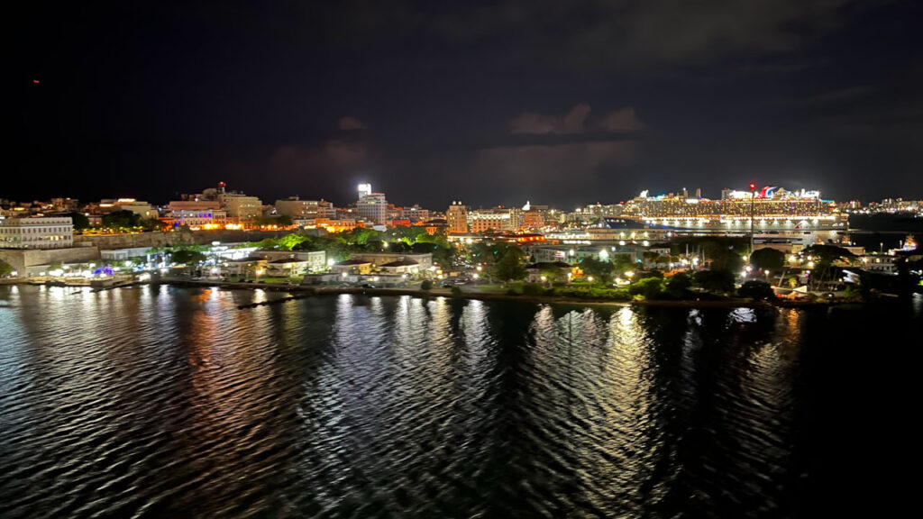 As we sailed away from San Juan, Puerto Rico on the Carnival Venezia, we could see the Carnival Celebration still docked and all lit up