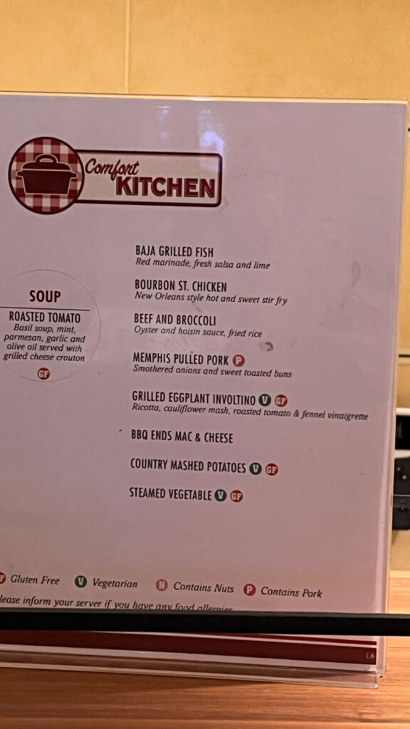 The menu showing some of the food available at Comfort Kitchen at the Lido Marketplace lunch buffet that day