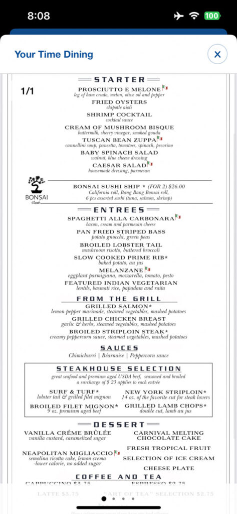 The menu for the Main Dining Rooms for the second elegant night of our ten night cruise on the Carnival Venezia